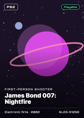 James Bond 007: Nightfire cover card with genre, publisher, year and disc ID