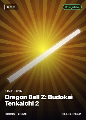 Dragon Ball Z: Budokai Tenkaichi 2 cover card with genre, publisher, year and disc ID