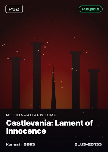 Castlevania: Lament of Innocence cover card with genre, publisher, year and disc ID