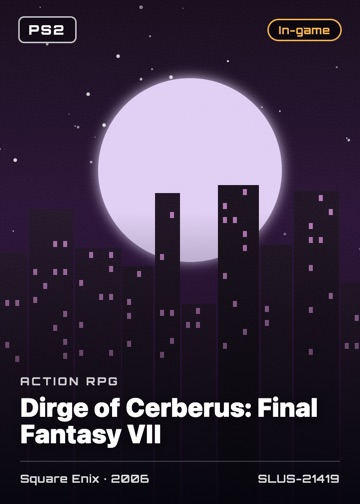 Dirge of Cerberus: Final Fantasy VII cover card with genre, publisher, year and disc ID