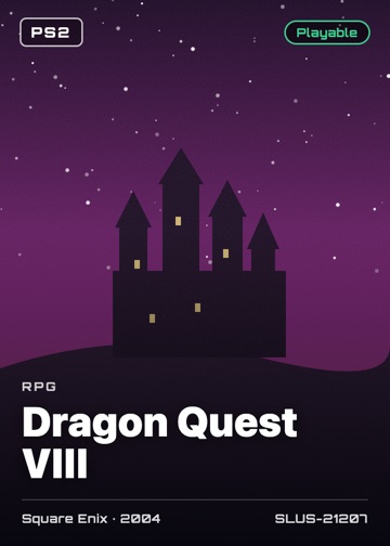 Dragon Quest VIII cover card with genre, publisher, year and disc ID