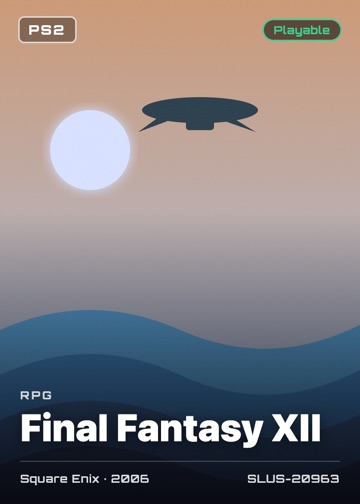 Final Fantasy XII cover card with genre, publisher, year and disc ID