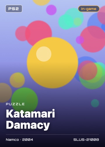 Katamari Damacy cover card with genre, publisher, year and disc ID