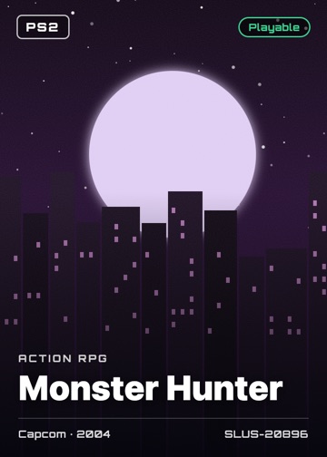 Monster Hunter cover card with genre, publisher, year and disc ID