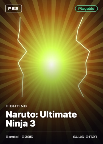 Naruto: Ultimate Ninja 3 cover card with genre, publisher, year and disc ID
