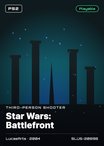 Star Wars: Battlefront cover card with genre, publisher, year and disc ID