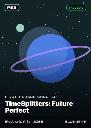TimeSplitters: Future Perfect cover card with genre, publisher, year and disc ID