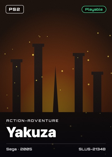 Yakuza cover card with genre, publisher, year and disc ID