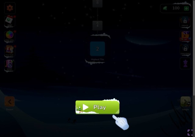 Snowy home screen with green Play button, Highest Tile marker and side menu buttons