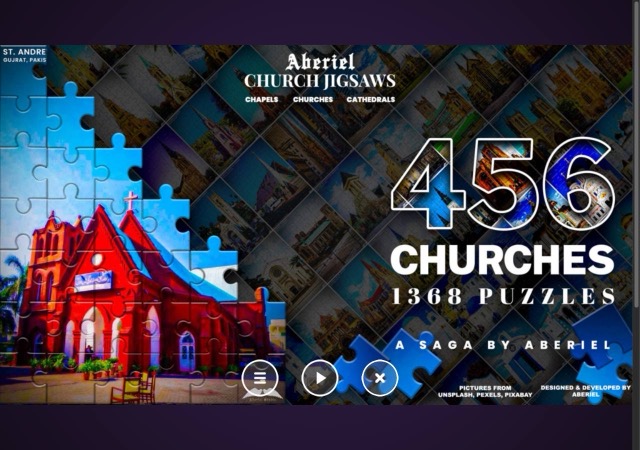 Aberiel Church Jigsaws title screen with half-built red church puzzle and 456 CHURCHES banner