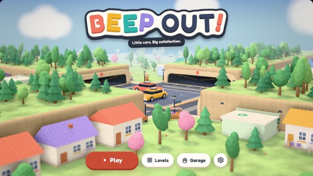BEEP OUT title screen with toy town, two cars at a crossing and Play, Levels, Garage buttons