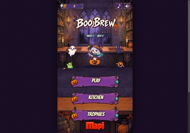 Boo Brew main menu with chibi witch on a pumpkin and Play, Kitchen, Trophies buttons