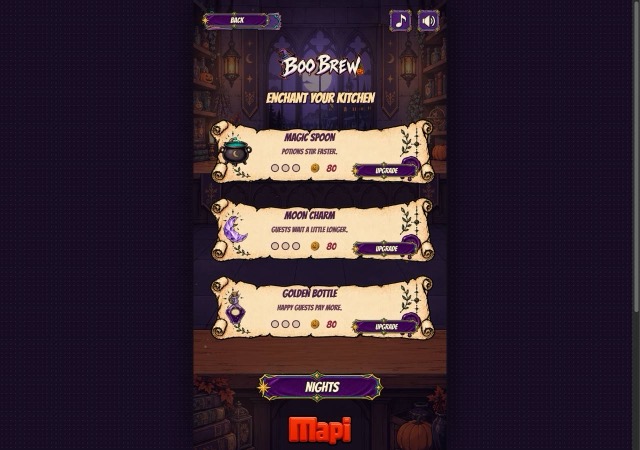 Boo Brew Enchant Your Kitchen screen with Magic Spoon, Moon Charm and Golden Bottle upgrades