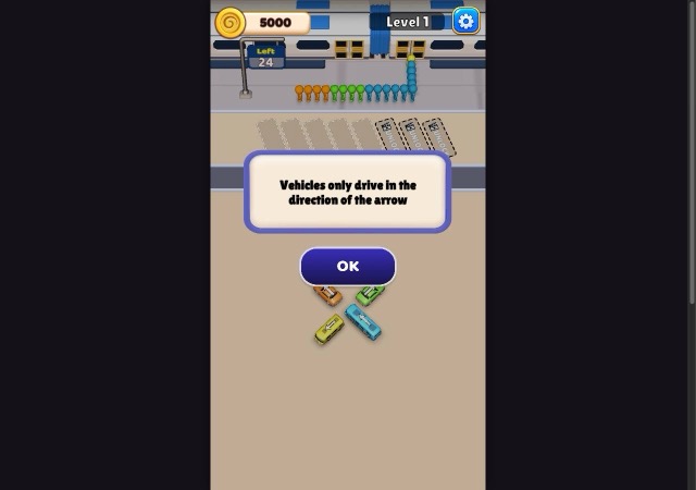 Tutorial pop-up over bus parking lot with colored passengers and arrowed buses below