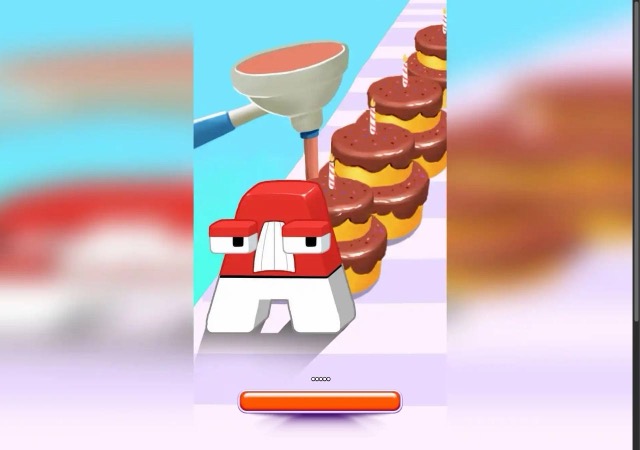 Cake Stack loading screen with red letter character beside chocolate layer cakes and a plunger