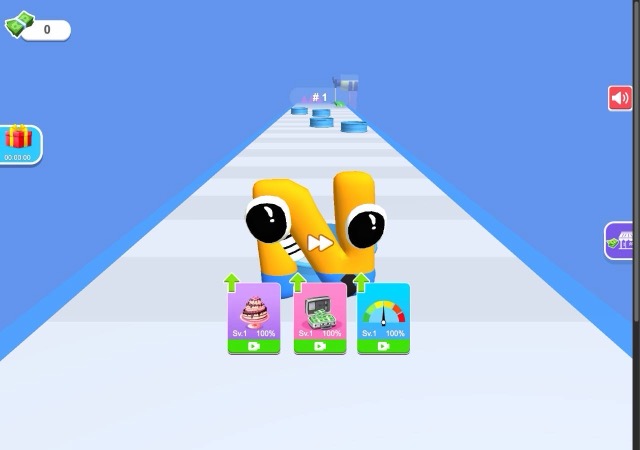 Cake Stack start screen with yellow letter character, three upgrade cards and a cash counter