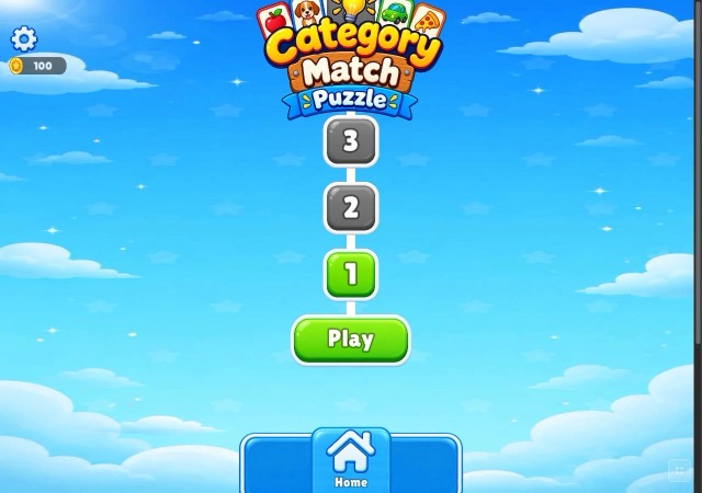 Blue sky title screen with the Category Match Puzzle logo, level buttons and a green Play button