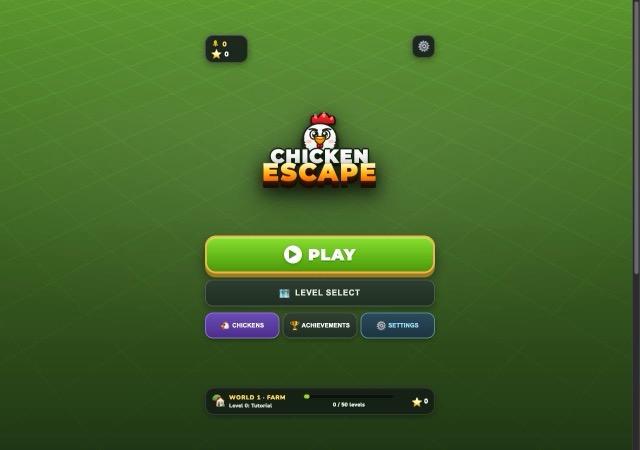 Chicken Escape main menu with a chicken logo, Play button and world progress bar
