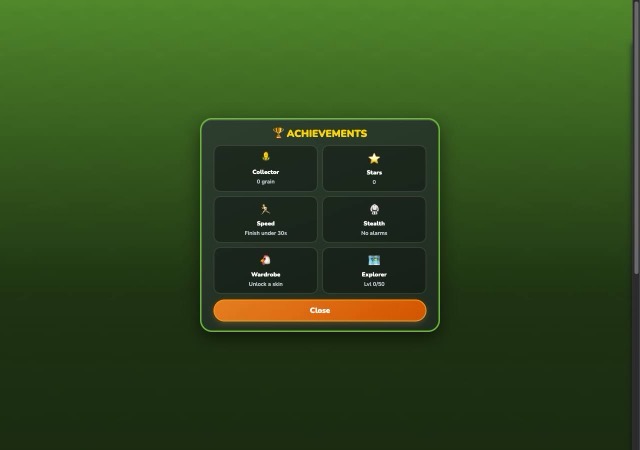 Achievements panel with six tiles such as Collector, Stealth and Wardrobe