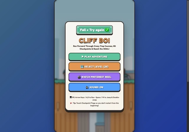 Cliff Boi menu card with Play Adventure, Select Level and Sound buttons and PC controls note