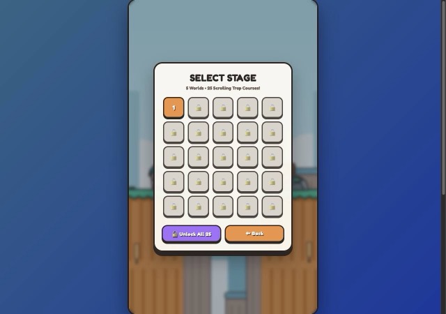 Cliff Boi Select Stage grid with stage 1 unlocked and padlocks on remaining squares