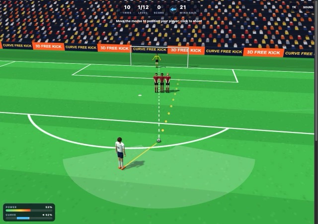 Free kick view with wall of three defenders, goalkeeper, dotted path, power and curve bars