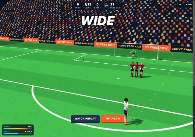 WIDE result over stadium pitch with Watch Replay and Try Again buttons