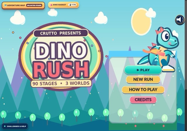 Dino Rush title screen with a teal dinosaur, rainbow logo badge and Play, New Run menu