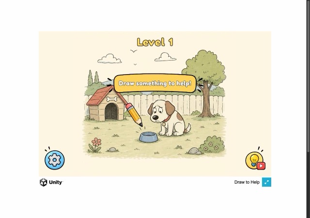 Cartoon backyard with sad puppy, empty bowl, pencil and Draw something to help bubble