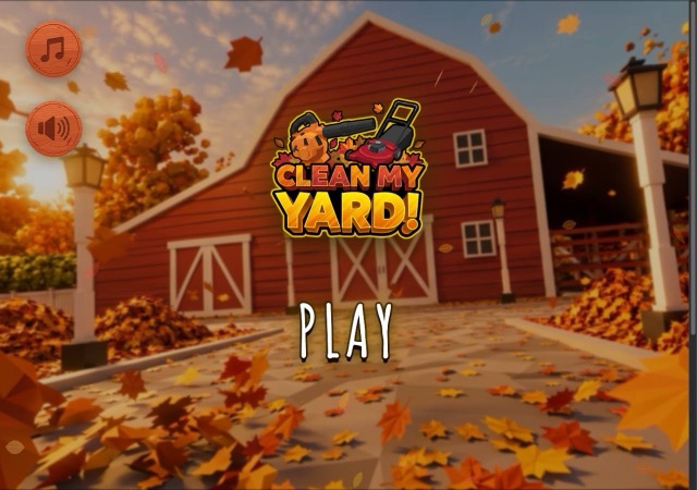 Autumn barn title screen with a Clean My Yard logo and Play text