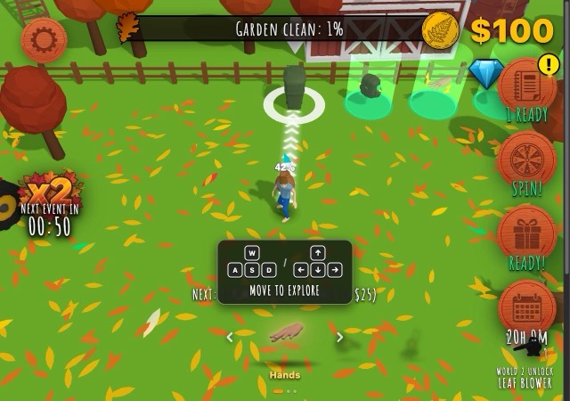 Low-poly yard full of leaves with a character, Garden Clean bar, cash counter and move hint
