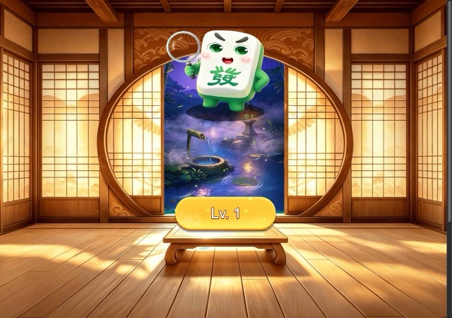 Japanese room with green tile mascot and yellow Lv. 1 button