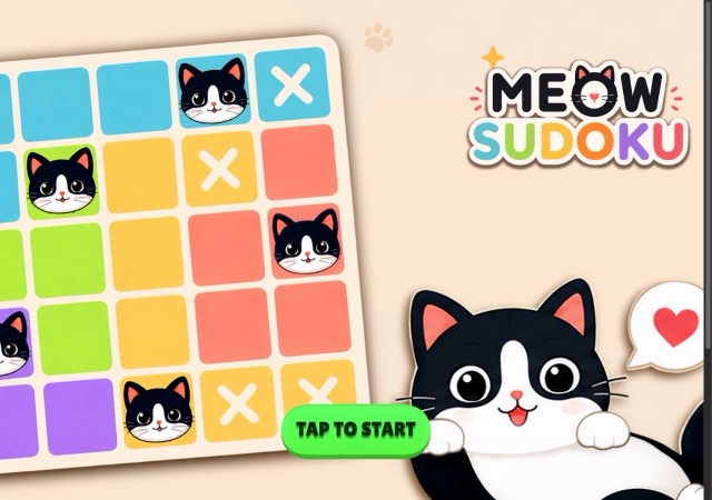 Meow Sudoku title screen with colorful cat board, logo and green start button