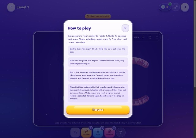 Open Rings Level 1 with a How to play card, Resume button and booster bar