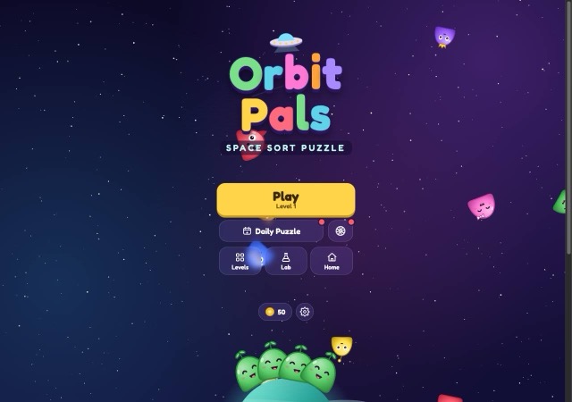 Orbit Pals title screen with yellow Play button, Daily Puzzle, Levels, Lab and Home buttons