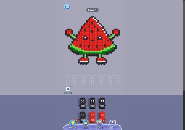 Pixel watermelon picture above empty parking spaces, with black and red numbered cars below