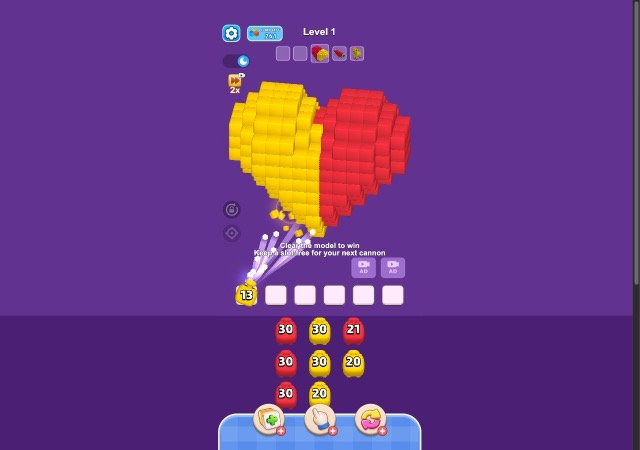 Pixel Shooter Puzzle heart-shaped voxel model, yellow cannon firing into a slot, cannon grid below