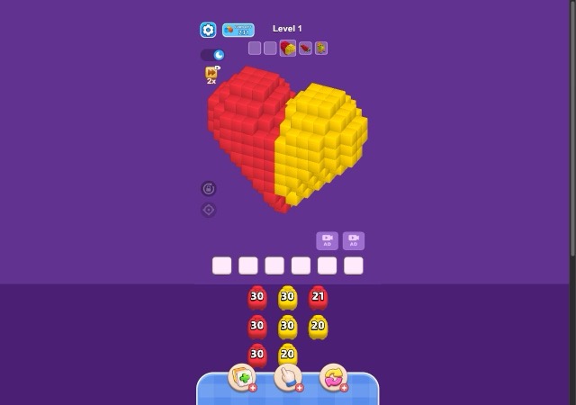 Pixel Shooter Puzzle Level 1 red and yellow voxel heart with six slots and cannon queue