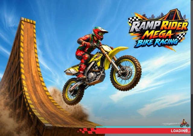 Loading screen showing a rider on a yellow dirt bike jumping beside a giant wooden ramp