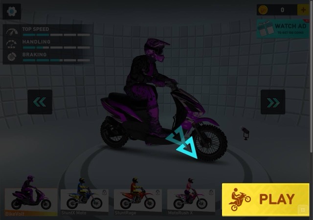 Bike garage with a purple scooter, speed and handling bars, and a yellow Play button