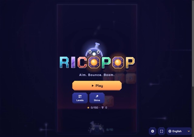 RICOPOP menu with orange Play button, Levels and Skins buttons and star counter