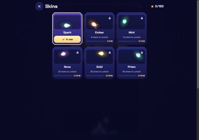 Skins screen with six glowing ball styles and star unlock requirements