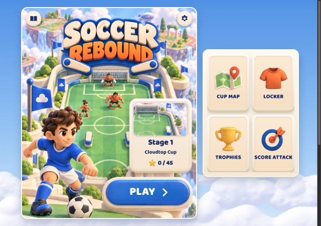 Soccer Rebound menu with cartoon player, Play button, Stage 1 card and four mode buttons
