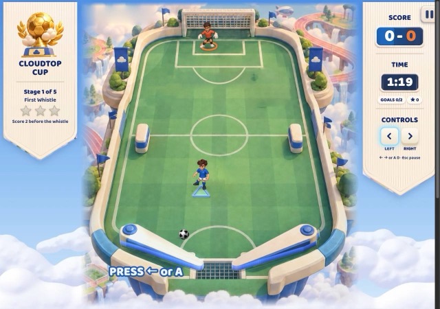 Pinball-style soccer pitch with flippers, scoreboard, timer and press left or A prompt