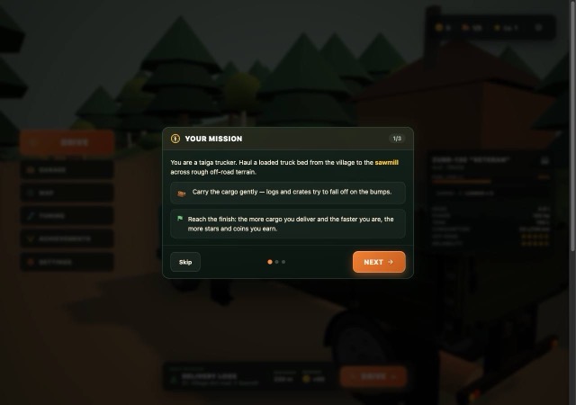 Your Mission tutorial card over a dim forest menu with orange NEXT button
