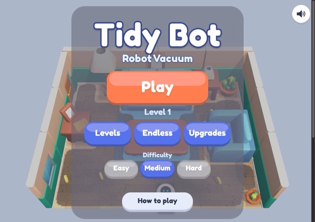Tidy Bot menu with Play, Levels, Endless, Upgrades and difficulty buttons over a 3D living room