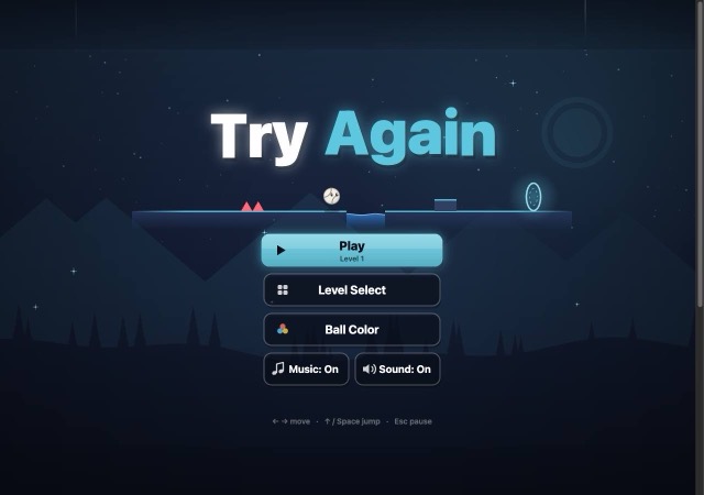 Night-themed Try Again title screen with Play, Level Select and Ball Color buttons
