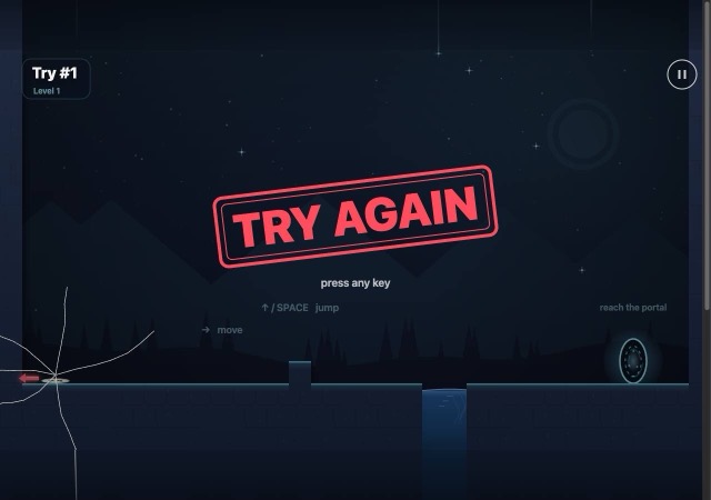 Level 1 with a red TRY AGAIN stamp, a water gap and a glowing portal