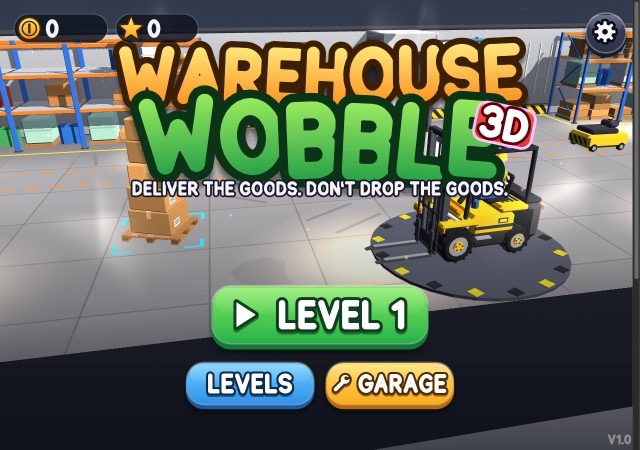 Warehouse Wobble 3D title screen with yellow forklift, box pallet, Level 1, Levels and Garage buttons