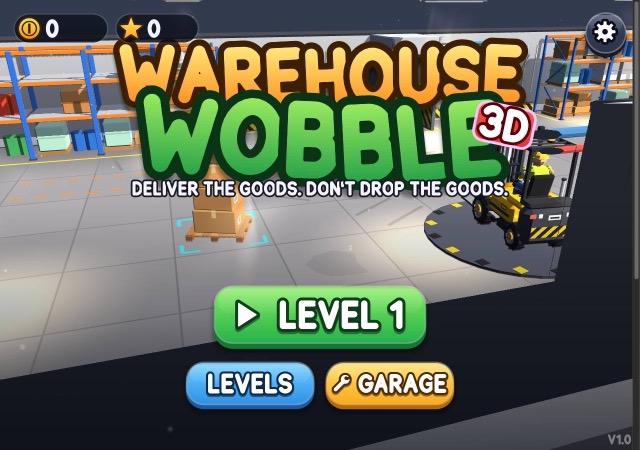 Warehouse Wobble 3D menu with forklift turning on its platform beside stacked boxes